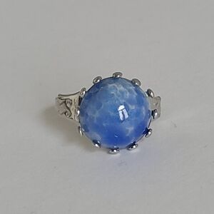 Vintage Silver Tone Faux Blue Sapphire Sphere Cabochon Adjustable Cocktail Ring